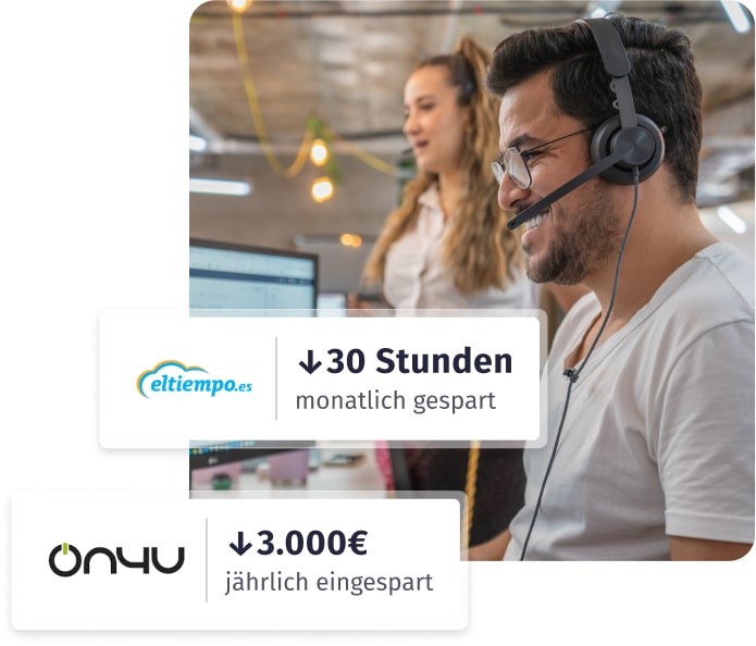 Ein Vertriebsmitarbeiter zeigt Firmen und ihre Ersparnisse: El Tiempo hat 30 Stunden gespart, Onyu hat 3.000 € gespart