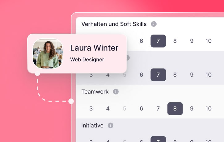 Detaillierte Aufteilung der Skills und Bewertungen einer Mitarbeiterin, u.a. zu Teamwork und Eigeninitiative
