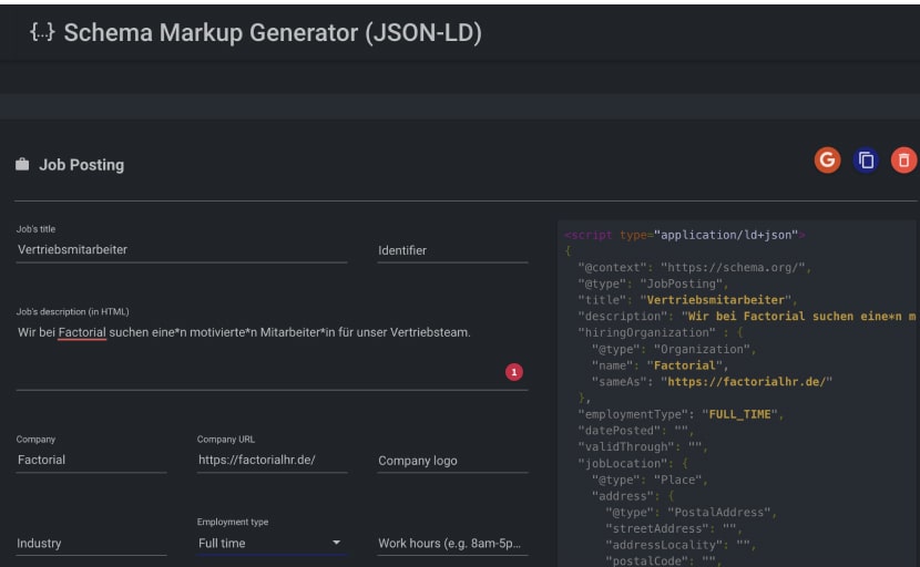 Screenshot von einem Markup-Generator für Stellenanzeigen